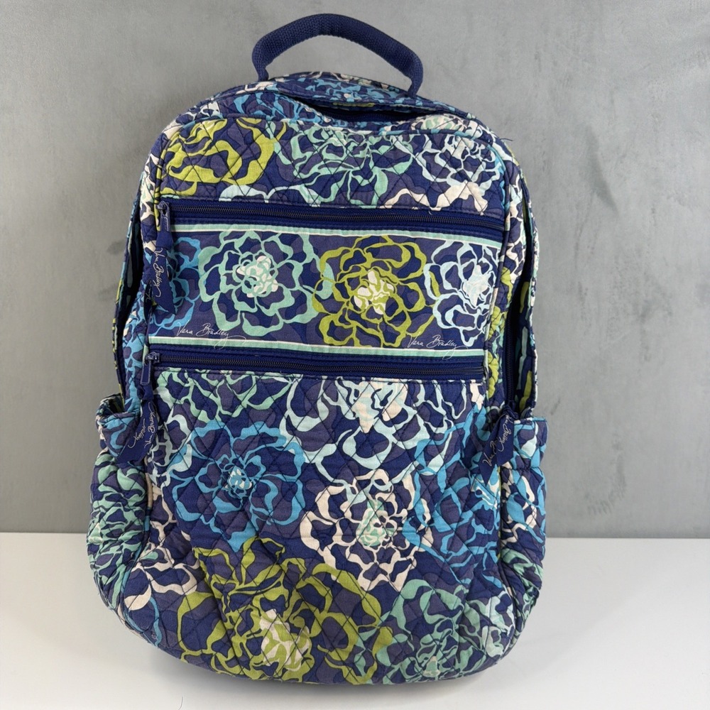 Vera Bradley Backpack Blue Green Floral Quilted Campus School Travel Bag - Picture 1 of 11